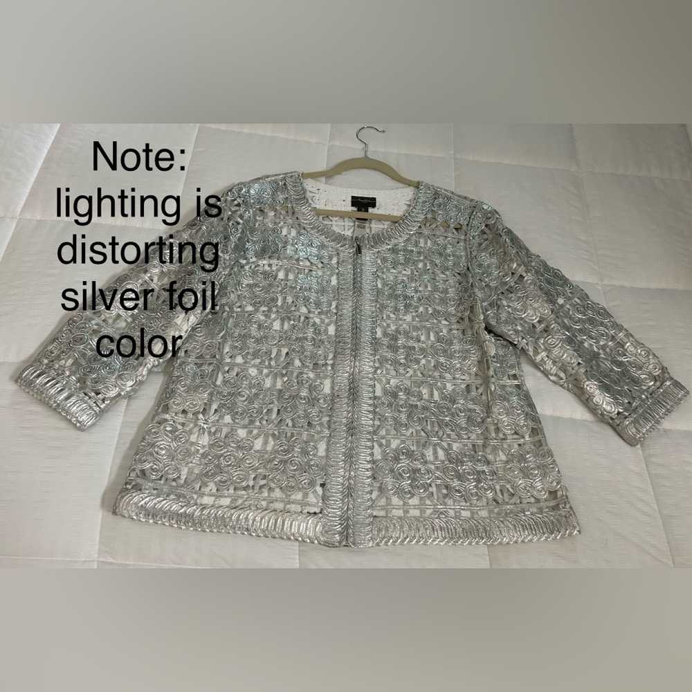 NWT•Silver Foiled Lace Bomber Statement Jacket•Travelers by Chicos•Size 3